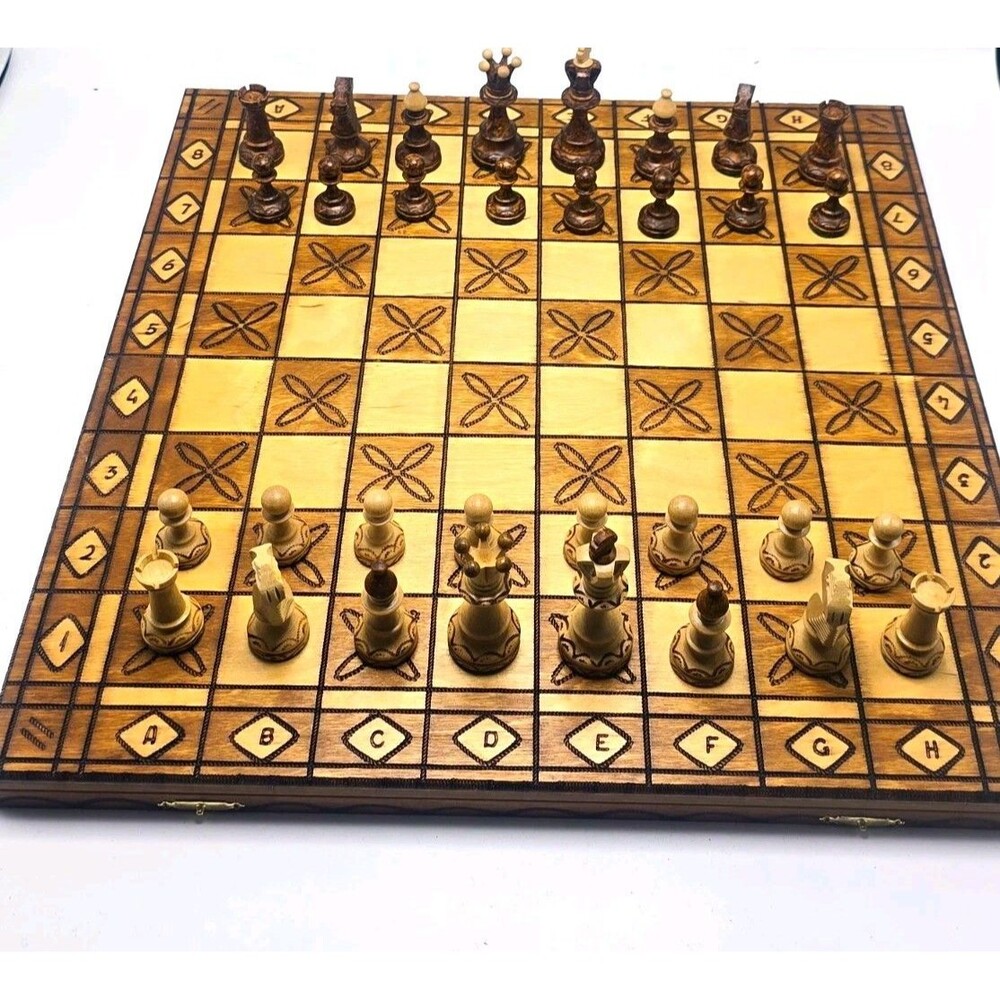 Handcrafted Wegiel Wooden Chess Set 16x16 Folding Board Carved Pieces Poland